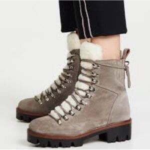 Jeffrey Campbell Culvert Taupe Suede Combat Boots with Shearling